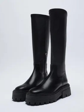 Black Round Toe Platform Women's Knee High Boots