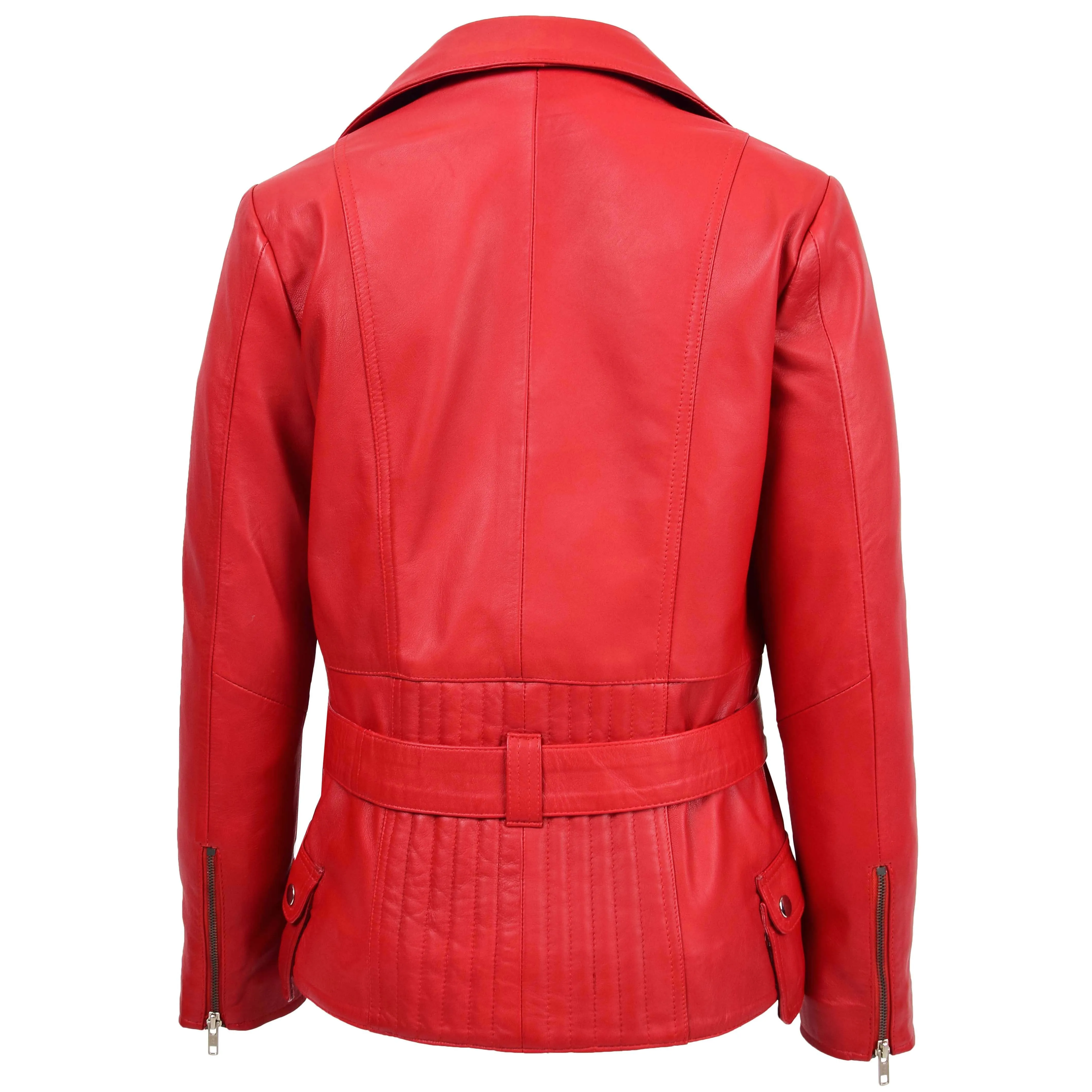 Womens Leather Hip Length Biker Jacket Celia Red