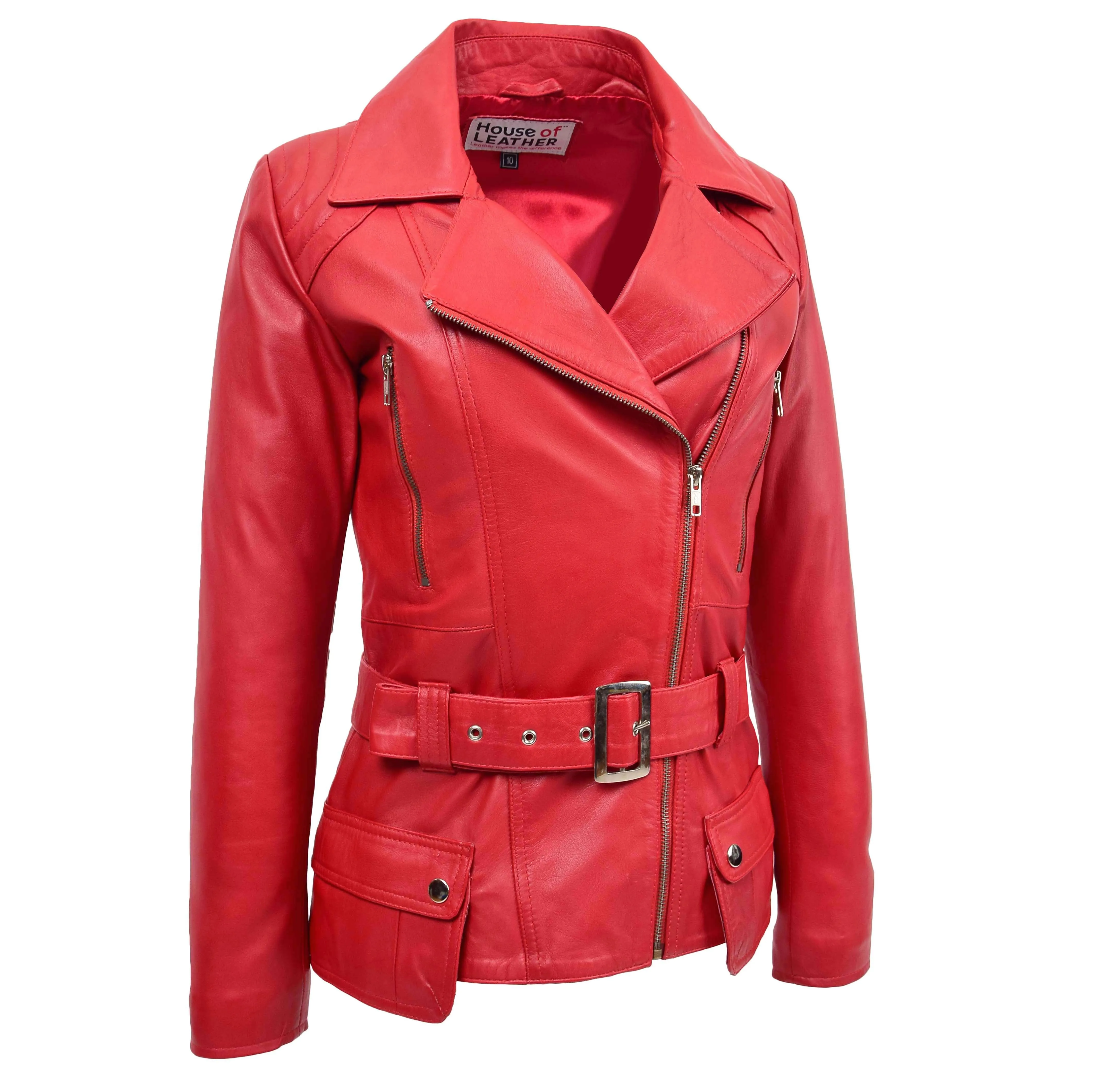 Womens Leather Hip Length Biker Jacket Celia Red