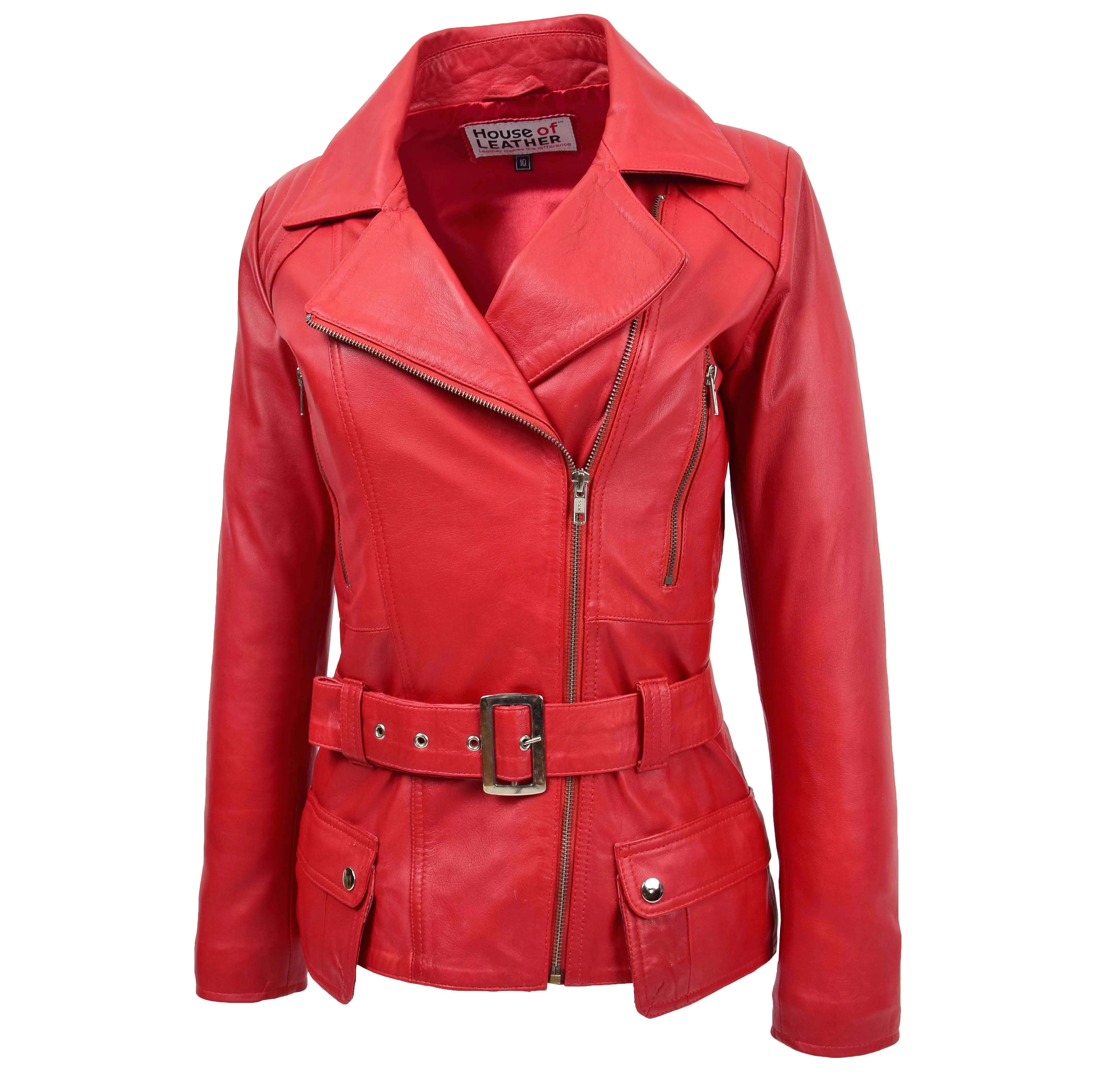 Womens Leather Hip Length Biker Jacket Celia Red