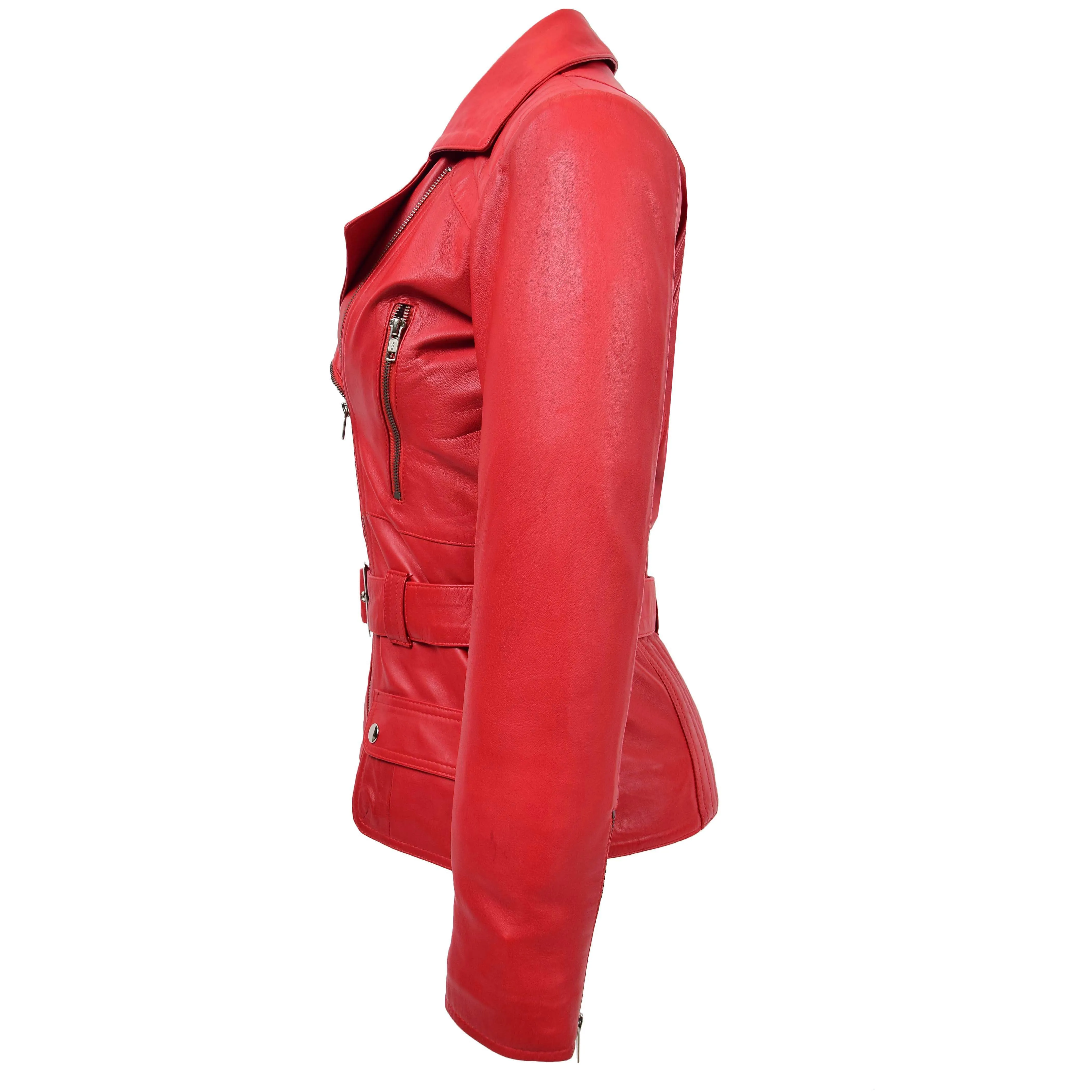 Womens Leather Hip Length Biker Jacket Celia Red