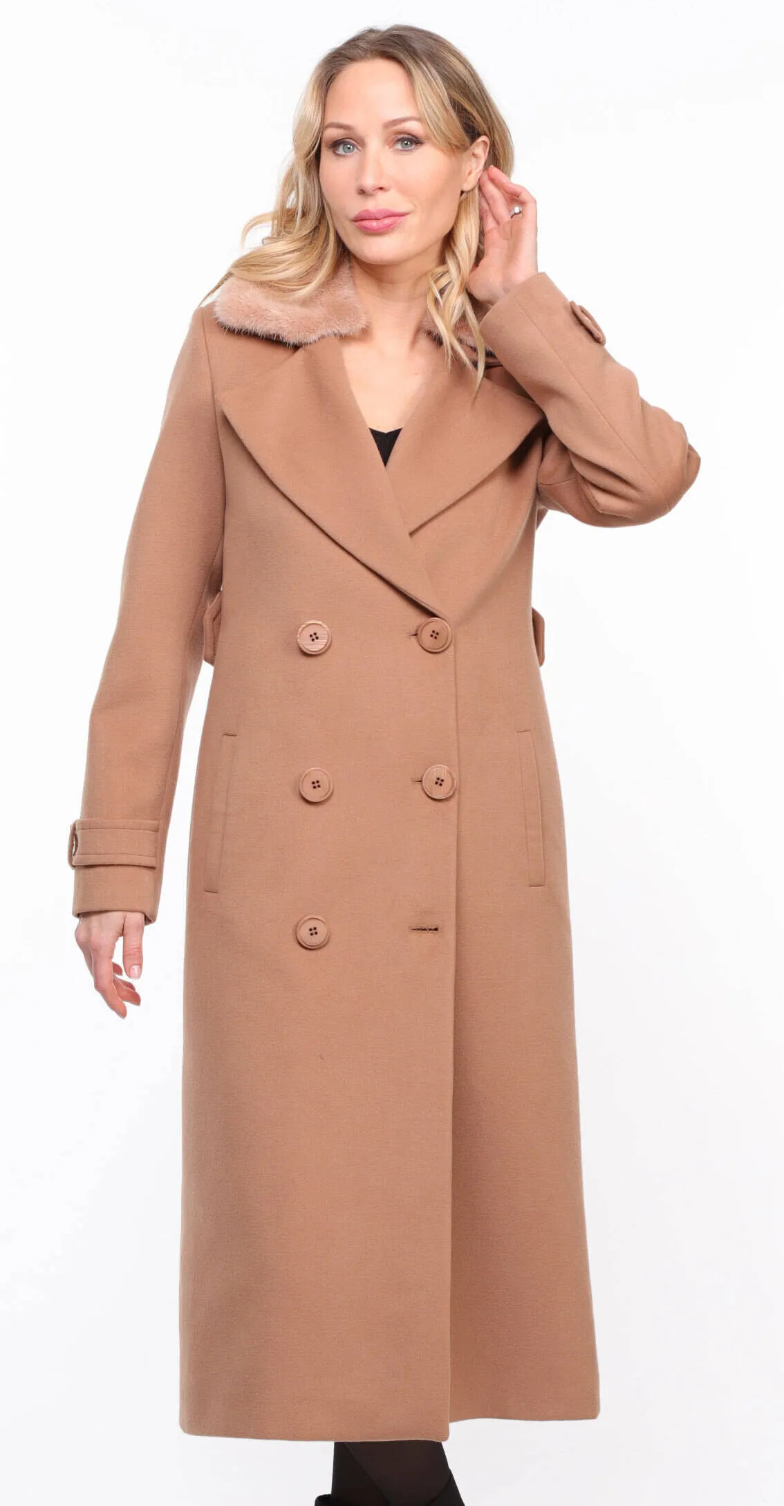 Women's taupe \synthia\ mink collar fabric coat