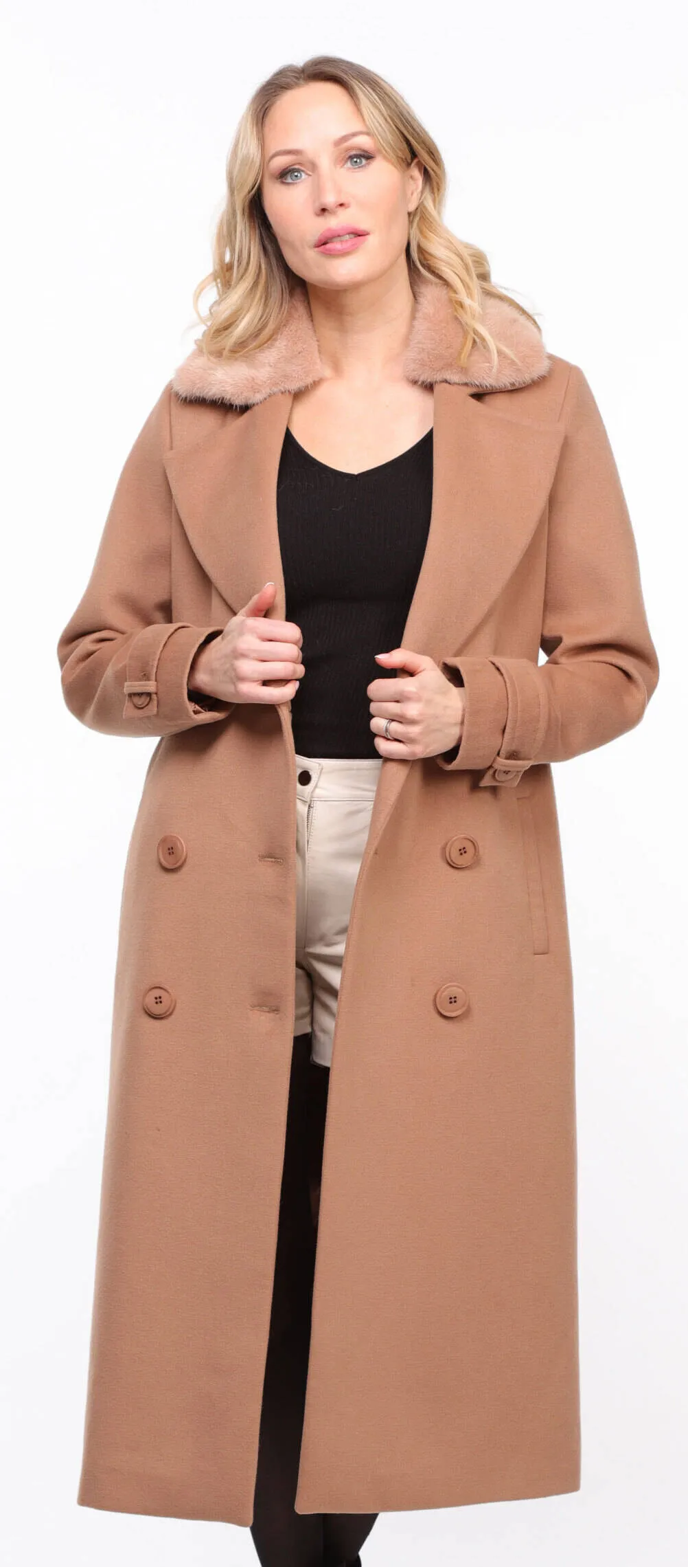 Women's taupe \synthia\ mink collar fabric coat