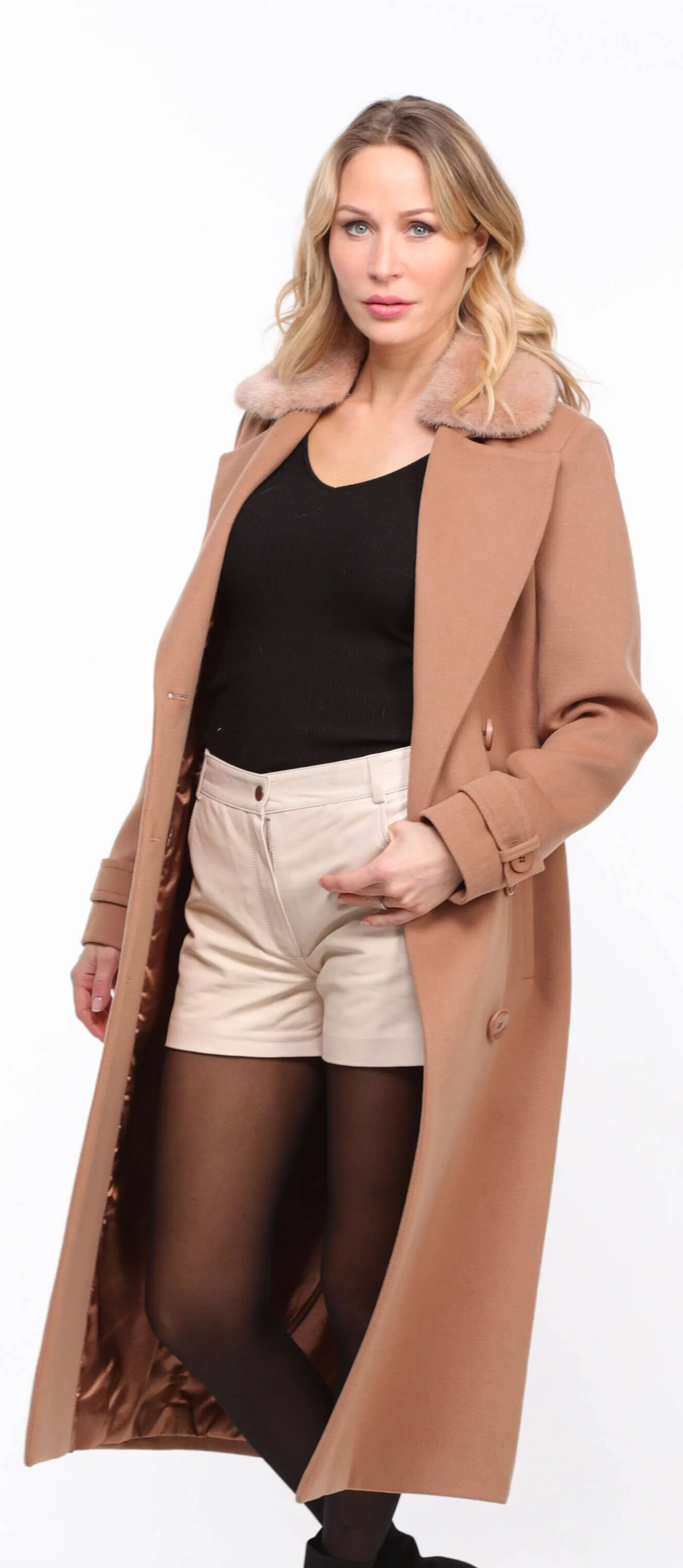 Women's taupe \synthia\ mink collar fabric coat