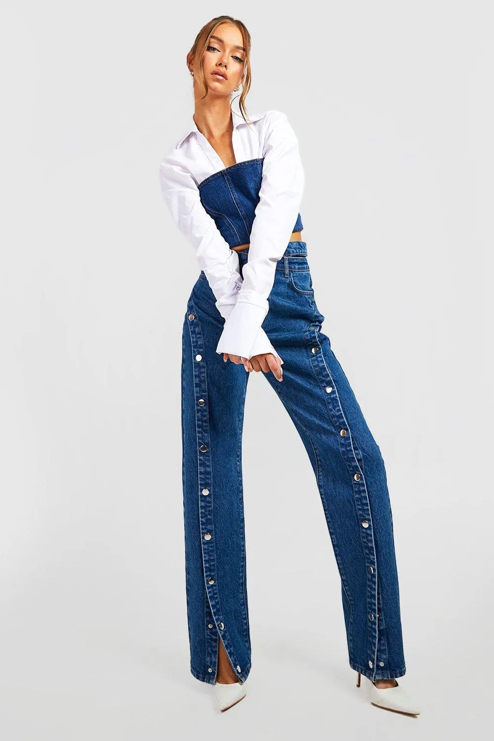 Wrap Waistband Popper Seam Straight Fit Jeans