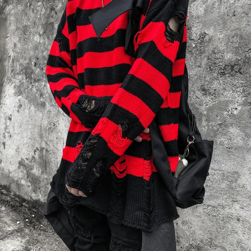 Black Red Striped Ripped Sweater Oversized Harajuku Style