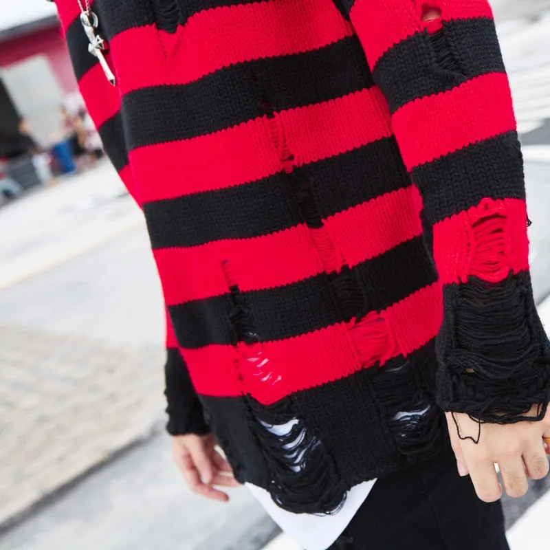 Black Red Striped Ripped Sweater Oversized Harajuku Style