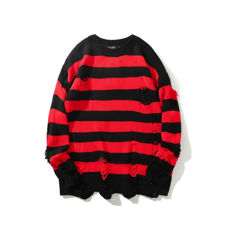 Black Red Striped Ripped Sweater Oversized Harajuku Style