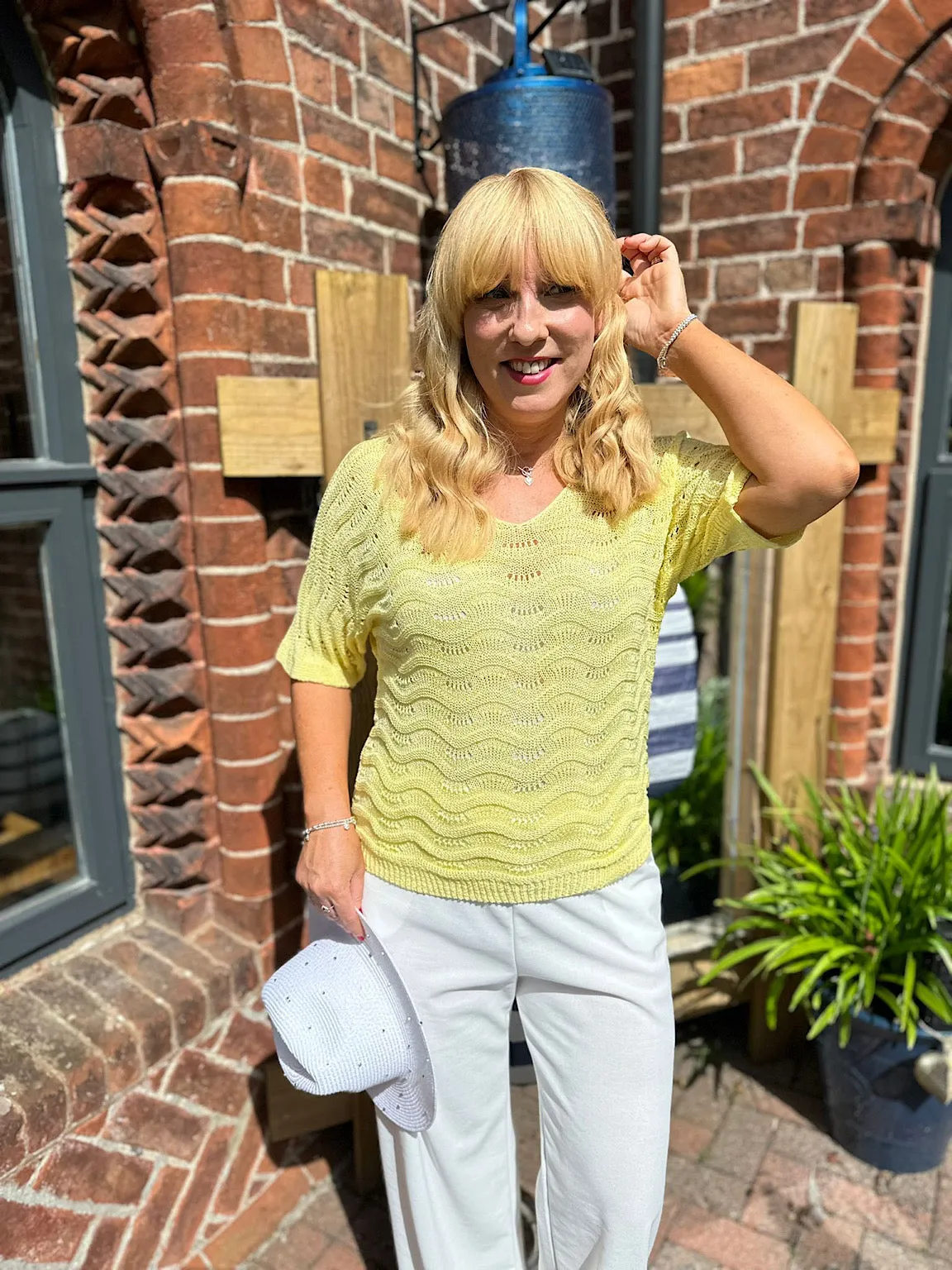 Wavy Yellow Knit Short Sleeve Top Sharon.